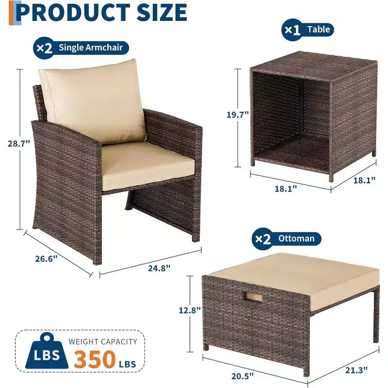 Acekool 5 Piece Balcony Patio Set Brown Rattan Armchairs with Soft Cushions 2 Hidden Ottomans and Glass Storage Table for Porch Lawn Deck