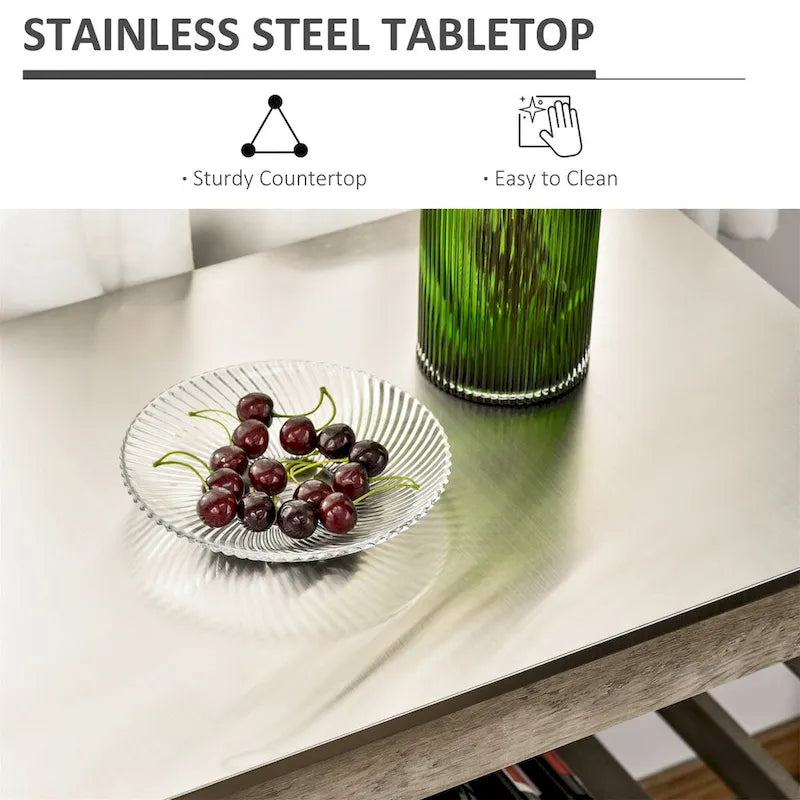Grey Rolling Kitchen Cart with Stainless Steel Top Slotted Shelf and Towel Bar