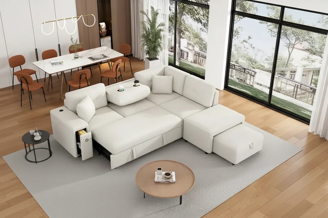 L-Shaped 4-Seat Sectional Sofa with Pull-Out Bed, Ottoman, USB Ports & Drop-Down Table