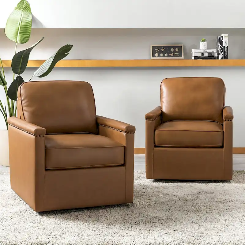 Classic Genuine Leather Swivel Armchair With Nailhead Trims Set Of 2