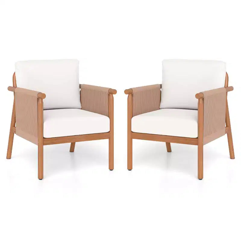 Gymax 2PCS Patio Armchair Acacia Wood w/ Seat Back Cushions