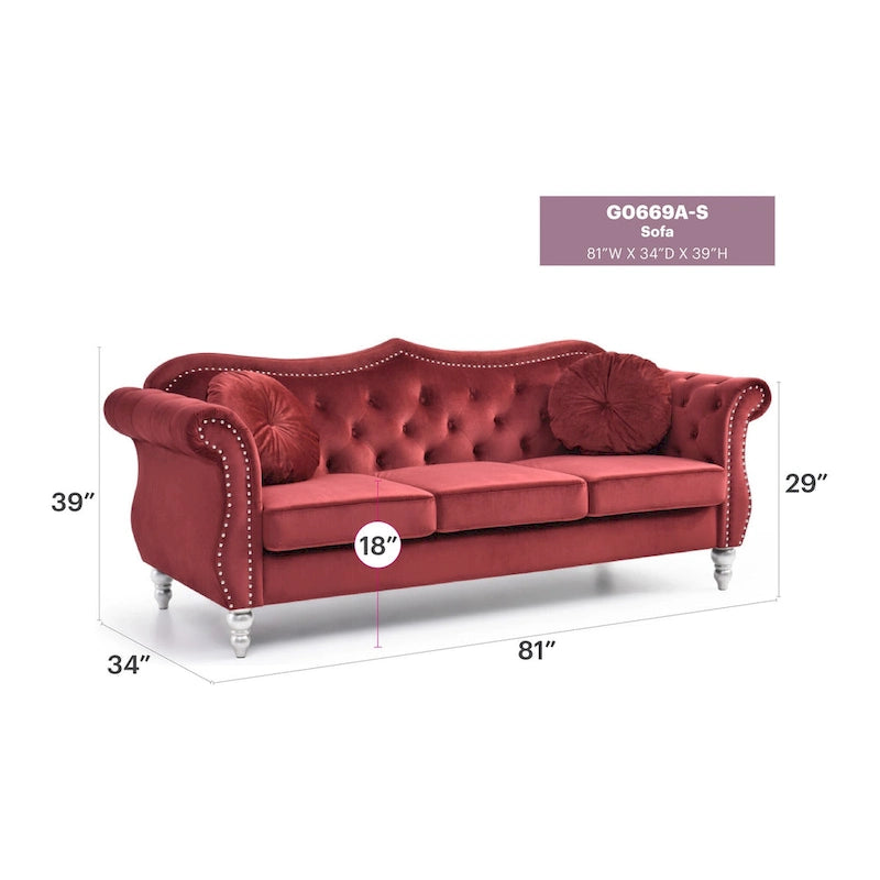82 in. Velvet Chesterfield 3-Seater Sofa with Tufted Back and Nailhead Trim