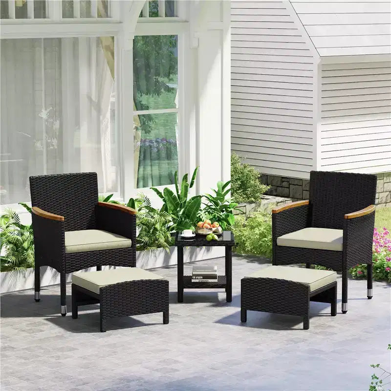 Yaheetech Set of 5 Patio Furniture Set wirh Cushioned Chair, Ottomans and Coffee Table for Garden