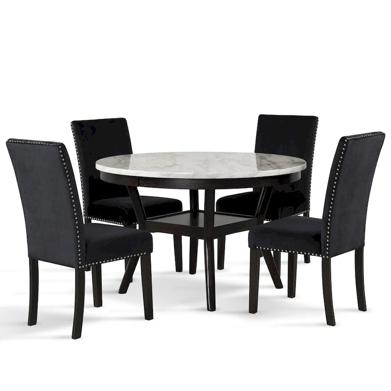 Round Dining Table with Faux Marble Top and Lower Shelf