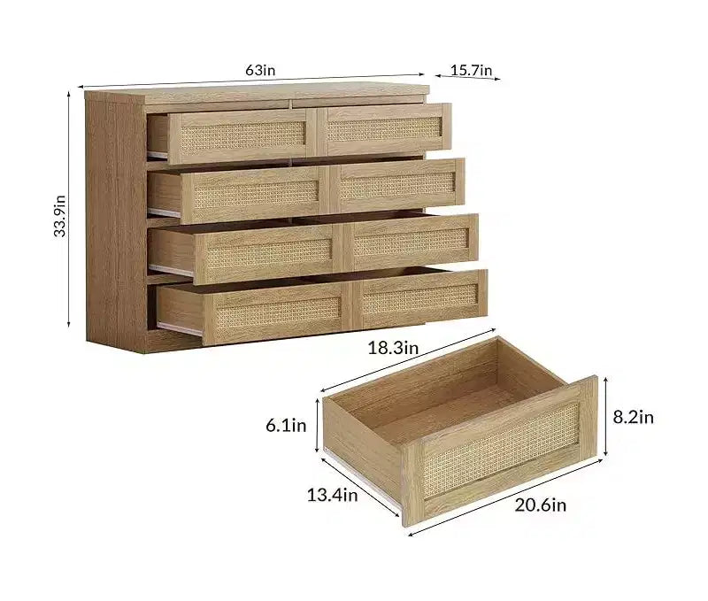 8-Drawer Rattan Dresser with Wide Tabletop