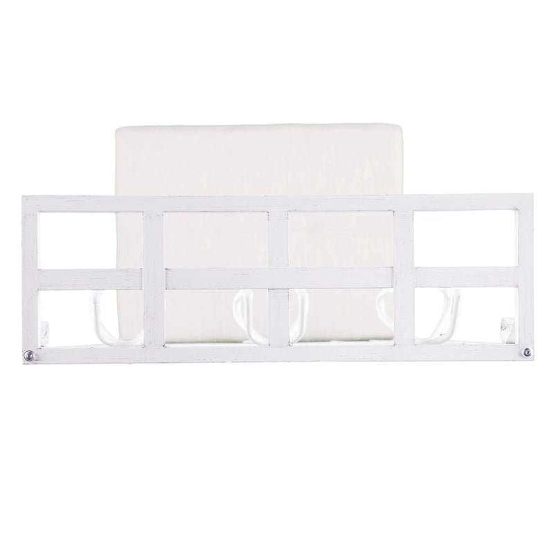 Hall Tree Coat Rack with Cushioned Seat, 12 Hooks, 2 Shelves, Distressed White Iron