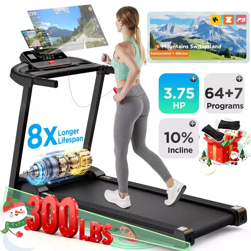 3.75HP Folding Treadmill for Home w/ Incline 300LB Capacity,Portable Walking Running Treadmill,71 Program,7.5MPH Fast Speed,Wide Shock Absorption Belt