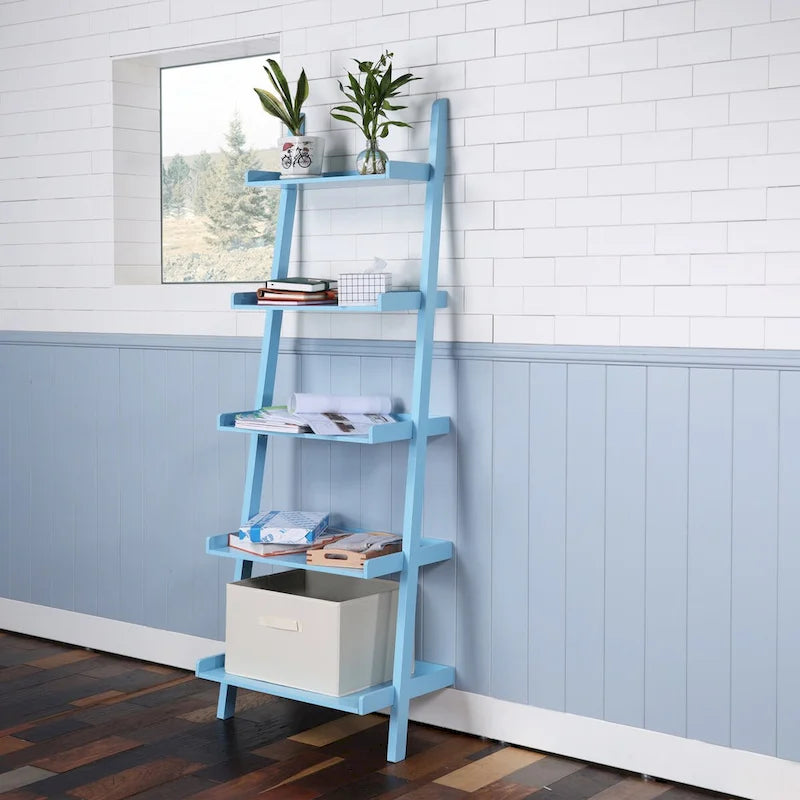 5-Tier Leaning Ladder Shelf Bookcase with Solid Wood Legs