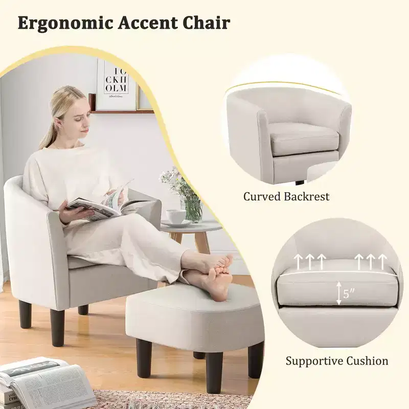 Costway Barrel Club Chair with Ottoman Set Footrest Curved Back & Removable Seat Cushion Grey/Beige