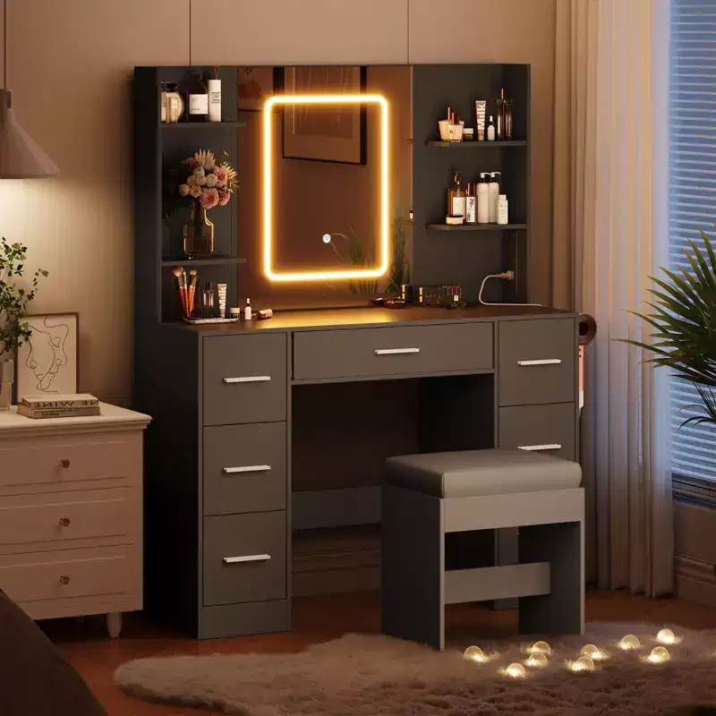 43 Inch Vanity Desk with Mirror and LED Light 7 Drawers Shelves Hairdryer Rack Makeup Table for Bedroom