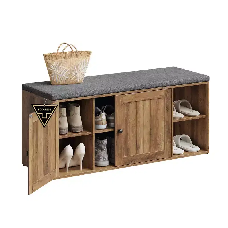 SONGMICS HOME Storage Bench, Superfast Toolless Assembly, Shoe Rack Cabinet with Door & Adjustable Shelf, Rustic White and Slate Gray