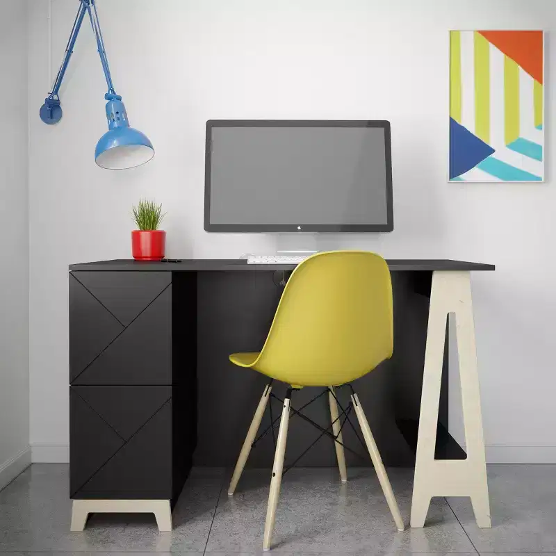 2 Drawer Desk Black/Birch Plywood: Lacquered MDF, Open Storage Shelf, Adult Assembly Required