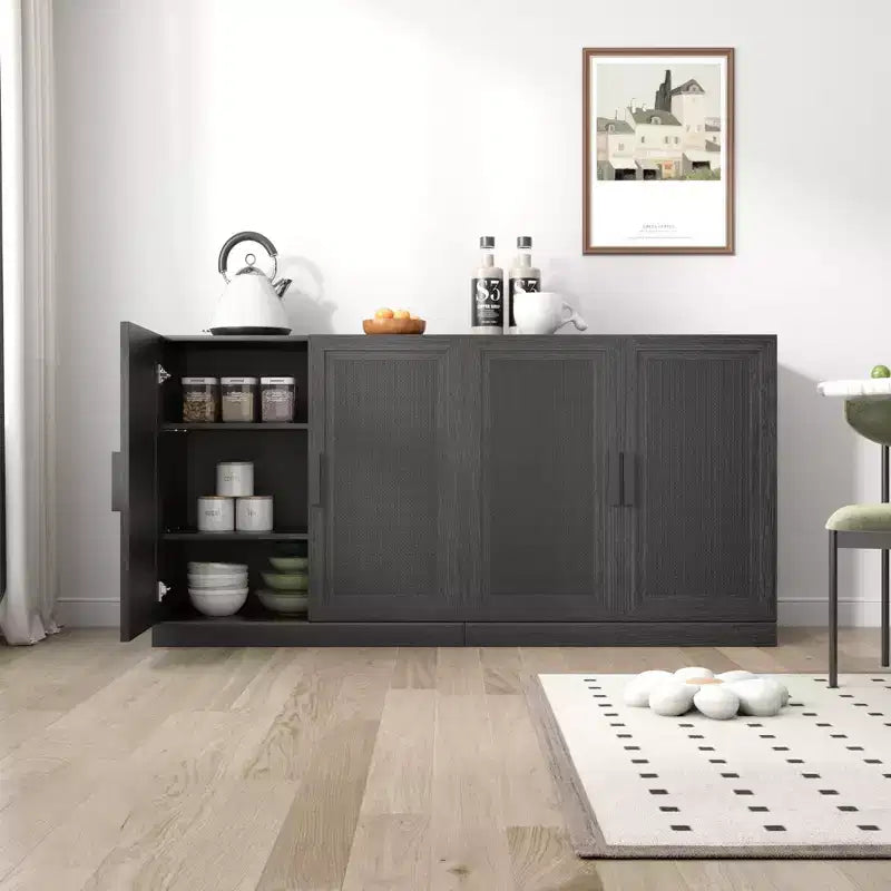 31x62x16 Wood Grain Buffet Cabinet in Black, Storage Organizer with Adjustable Shelves and Rattan Doors for Kitchen Bedroom Living/Dinning Room