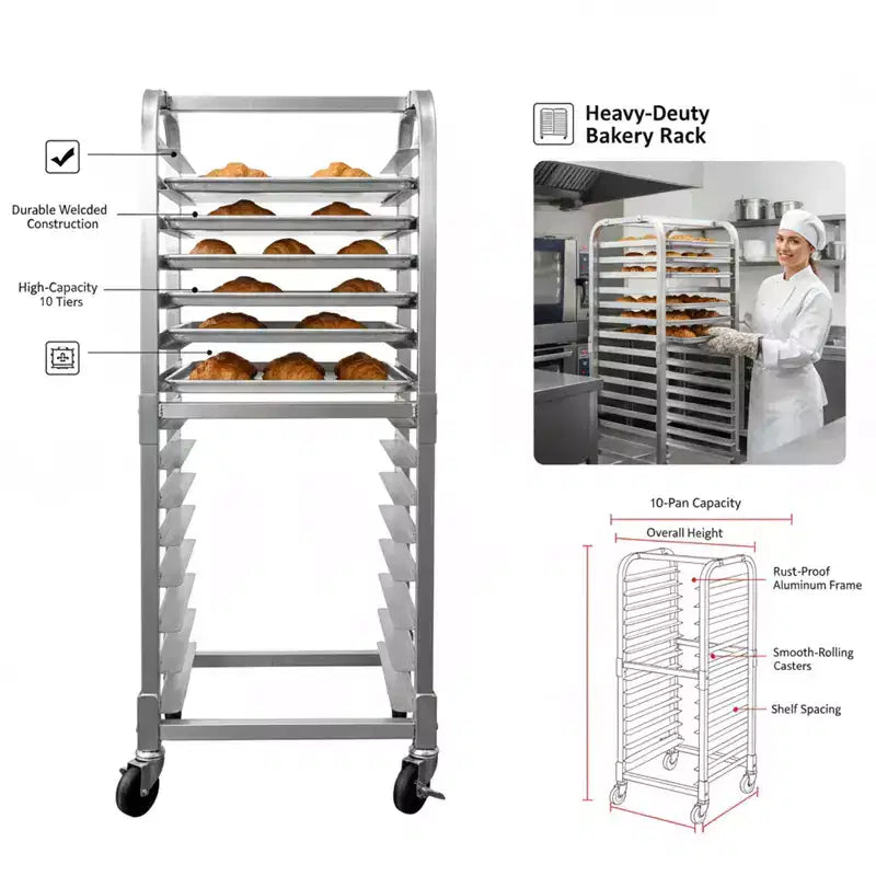 Aluminum Bun Pan Rack - Lockable Wheels Mobile Cooling Trolley - for Kitchen & Bakery