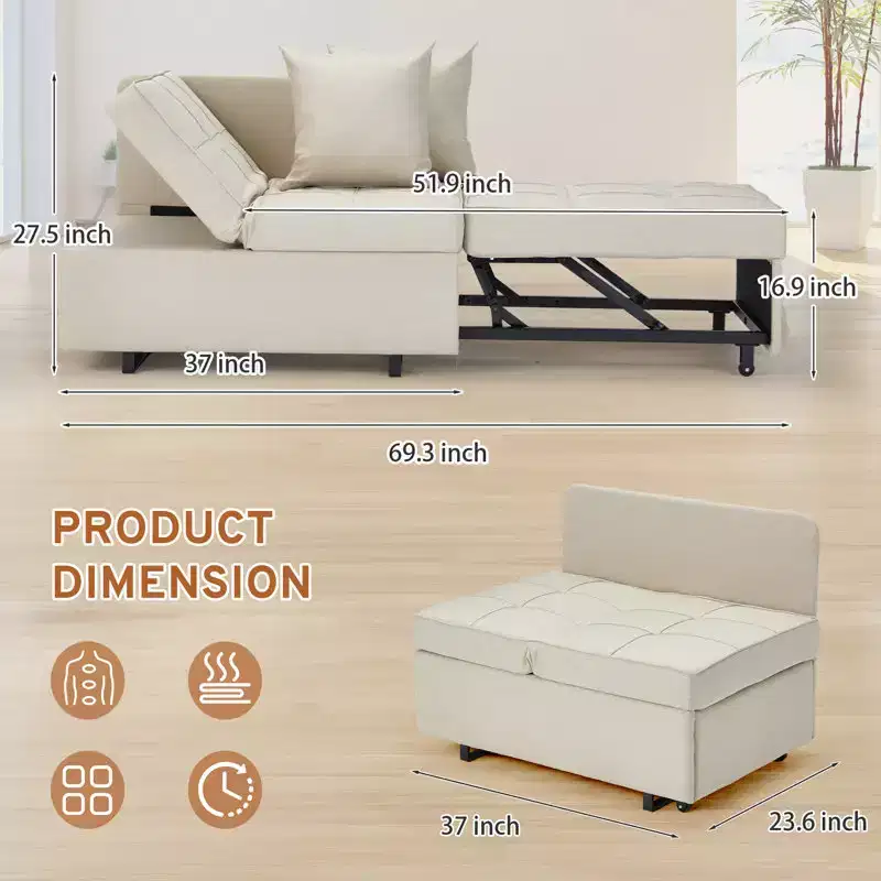 Erommy 3-in-1 Sleeper Sofa Chair Bed , 5-position Adjustable Backrest Pull Out Sofa Bed with Faux Linen Sofa Fabric