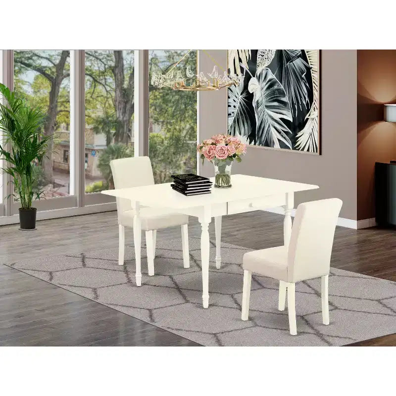 3-Pc Linen White Finish Solid Wood Top Dining Table Set - Seats 2