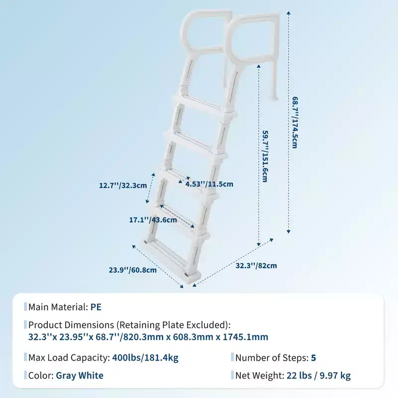 Échelle de piscine robuste à 5 marches avec double rampe, marches antidérapantes en PE résistant, capacité de 181 kg (400 lb), convient aux piscines enterrées et hors sol de 122 à 137 cm (48 à 54 po).
