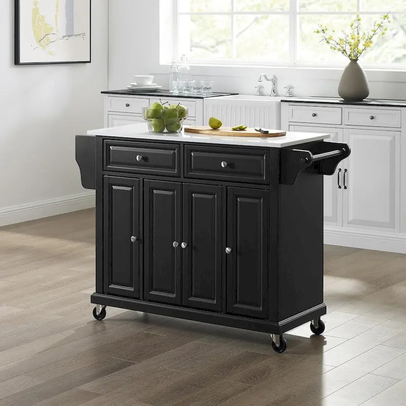 Black Portable Kitchen Island Cart with Granite Top 3 Cabinets 2 Drawers and Spice Rack
