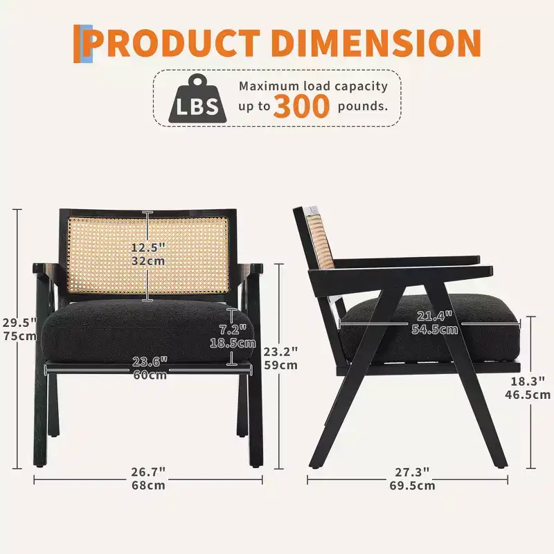 Mid-Century Farmhouse Accent Chair - Wood Armchair with Rattan Backrest & Linen Cushion for Living Room, Bedroom - Beige, Easy Assembly