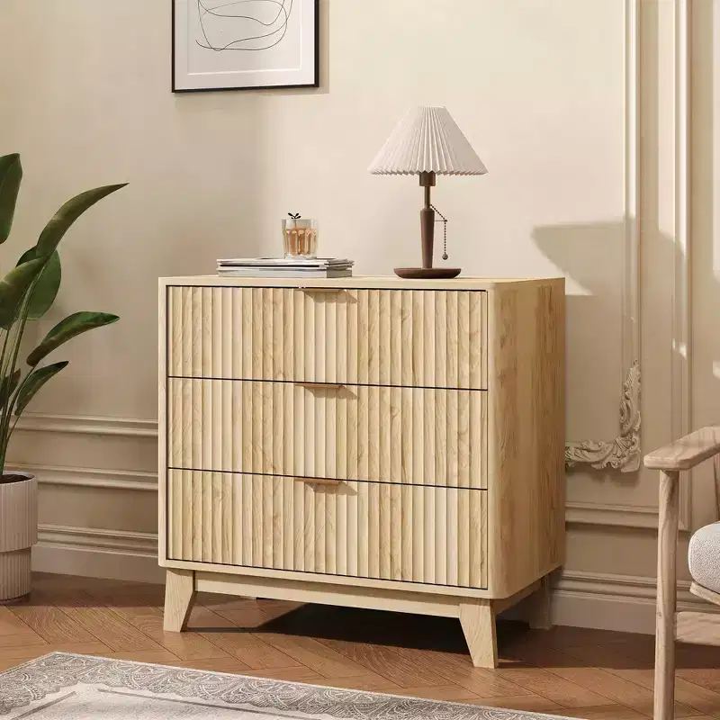Fluted Night stand with 3 Drawer Dresser, Storage Nightstand Modern Side Table, 27 Wide Bedside End Table with Metal HandleNatural Oak