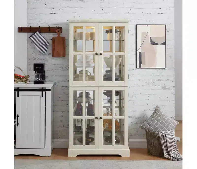 Lighted Curio CabinetGlass Display Case with Mirrored Back Panels, 4-Door Antique Collection Storage Stand and Bar for Dining Room