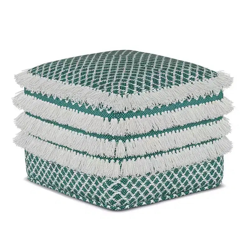 Ari Square Woven PET Polyester Pouf Turquoise/White - WyndenHall