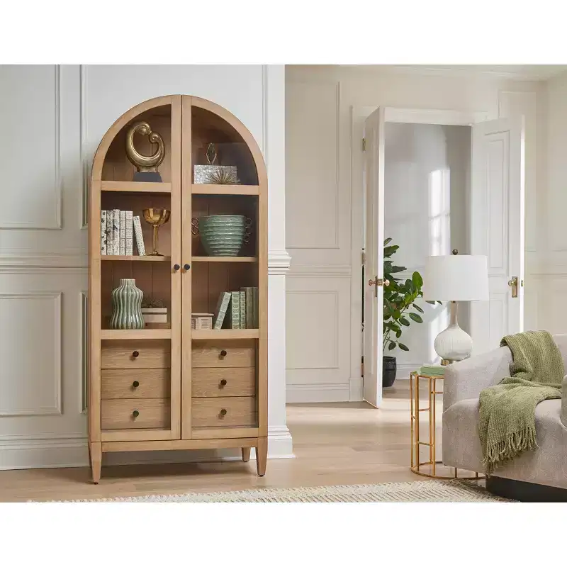 78" Modern Wood Arched Bookcase Laurel Collection Light Brown - Martin Furniture: Vertical Storage, 3 Drawers