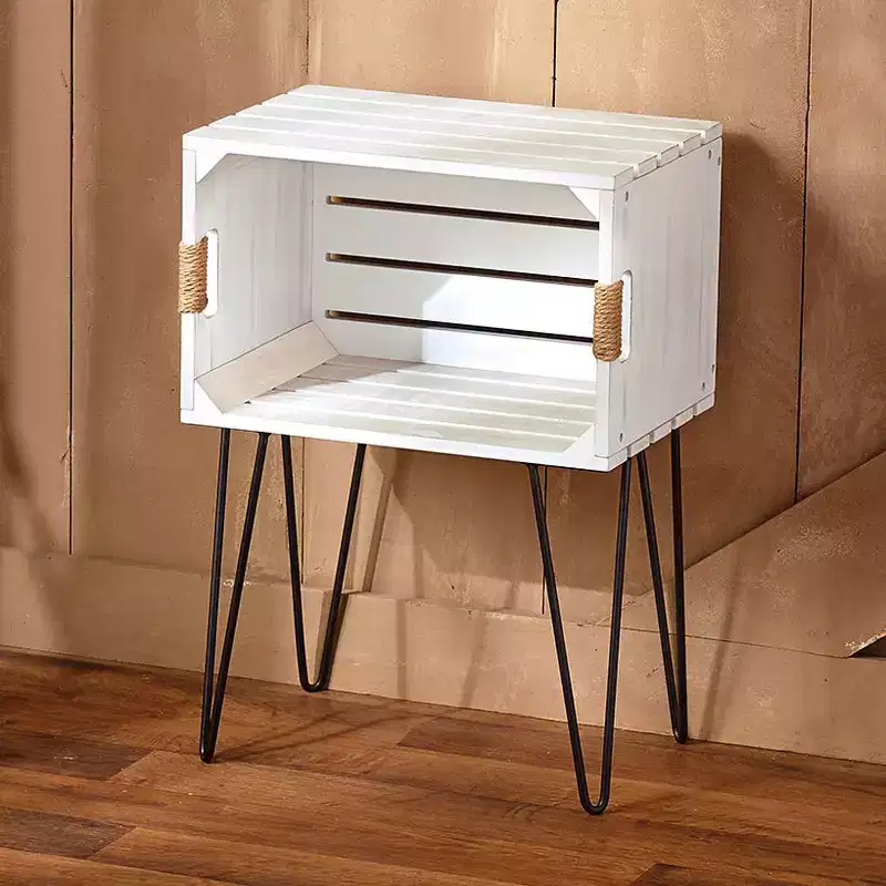 Rustic Crate End Table, Hairpin Legs, Jute-Wrapped Handles, Open Shelf, MDF, 15.75