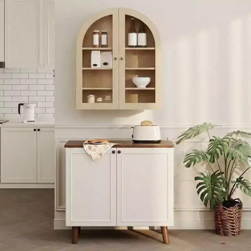 Arched Wall Mounted Bathroom Cabinet with Glass Doors, Rustic Wood Medicine Cabinet with Adjustable Shelves, Over Toilet Storage Cabinet for Bathroom