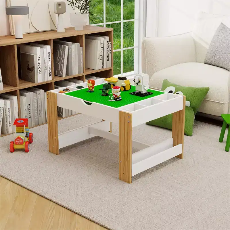 Kids 2 in 1 Play Table, Modern Activity Learning Table with 6 Storage Compartments Compatible with Building Block, Game Furniture