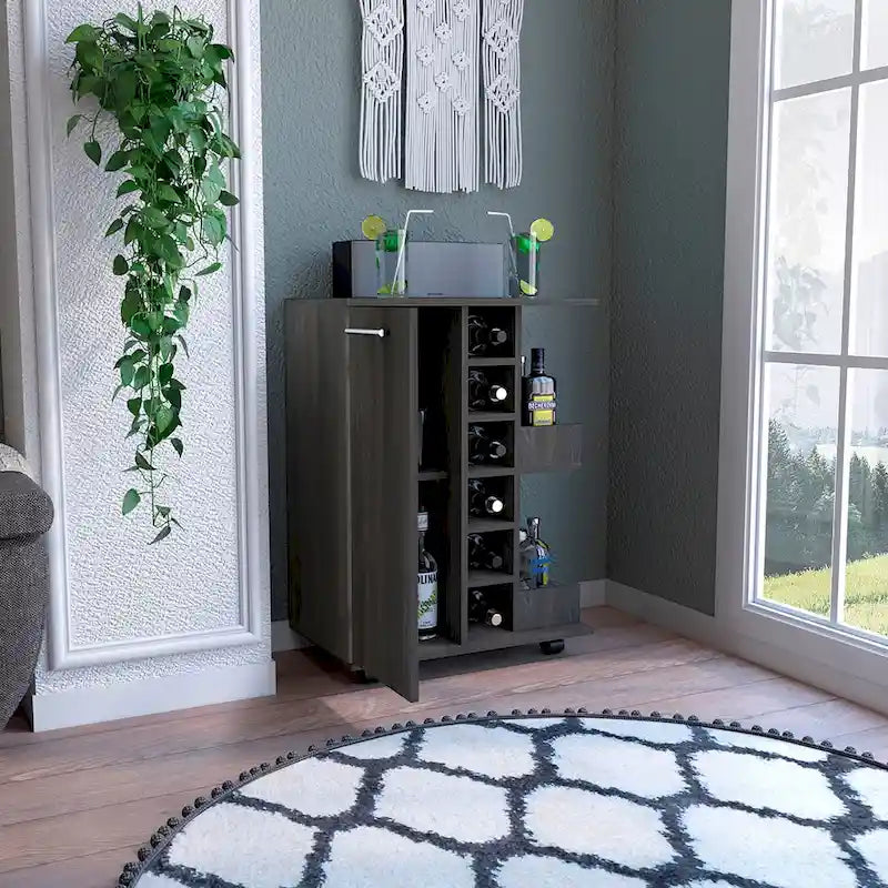 Rolling Bar Cart with Enclosed Cabinet 6-Bottle Wine Cubby and Open Bottle Shelves