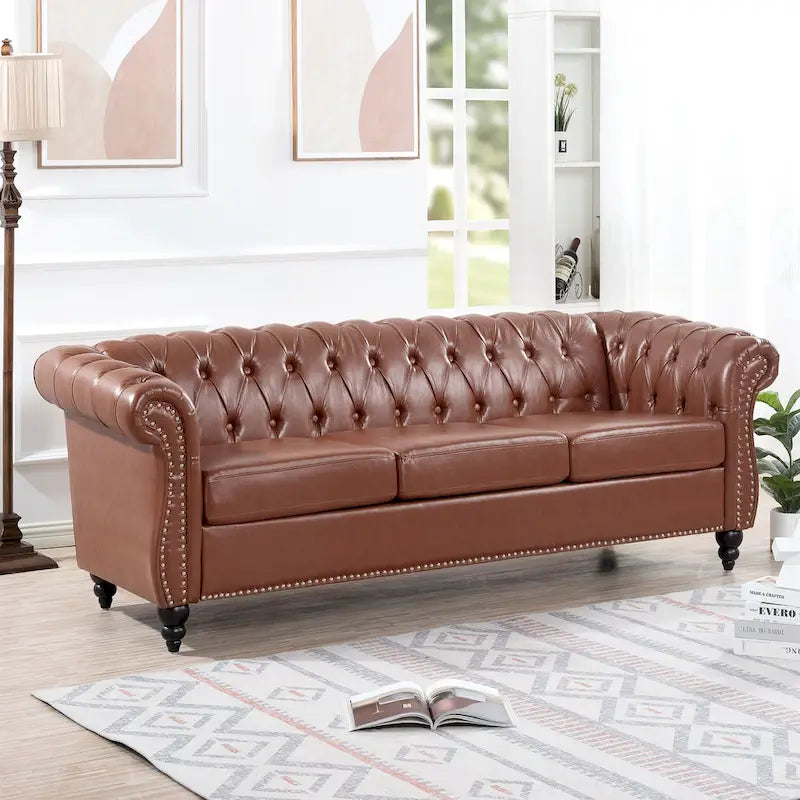 84 Mid-Century Modern 3-Seater Chesterfield Sofa, PU Leather, Birch Legs, 660 lbs