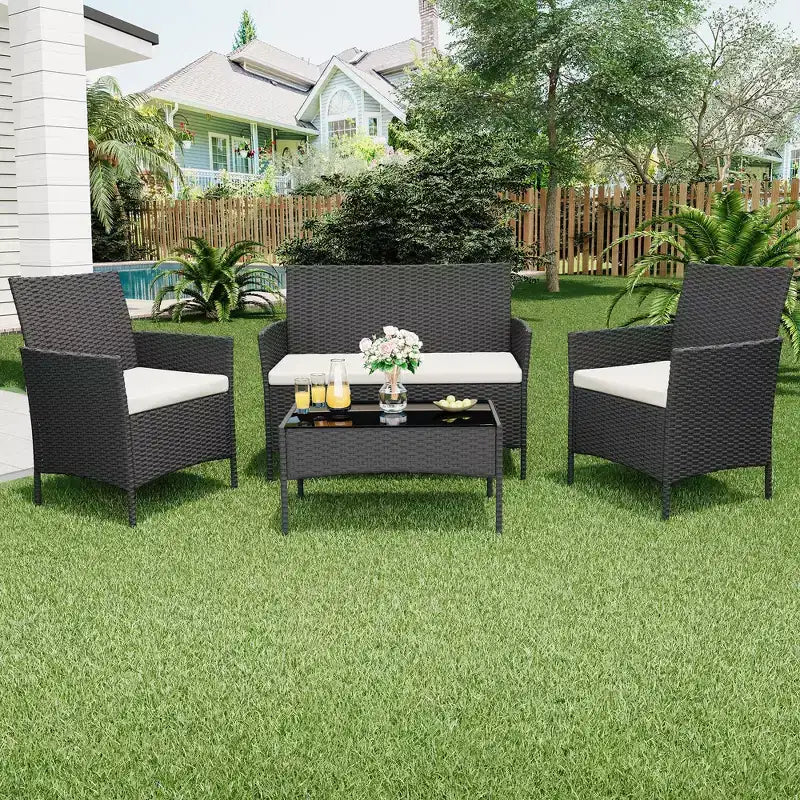 4 Piece Patio Furniture Set, Outdoor Deck Rattan Chair Wicker Combo Furniture, All Weather Dialogue Rattan Sofa with Upholstery and Glass Table