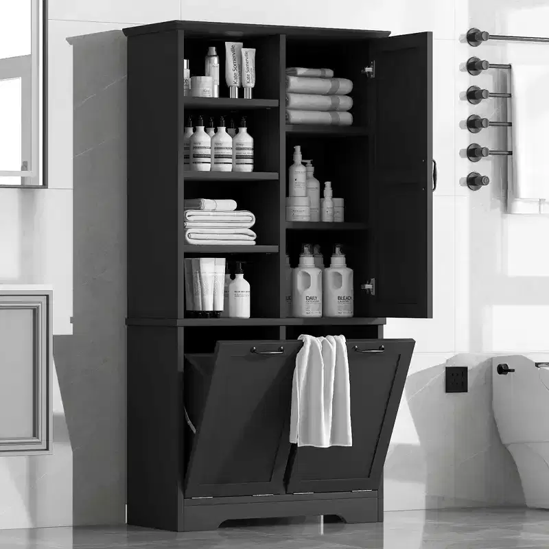 Meuble de rangement de salle de bain avec portes et tiroirs, panier à linge basculant, espace de rangement multiple, style autoportant