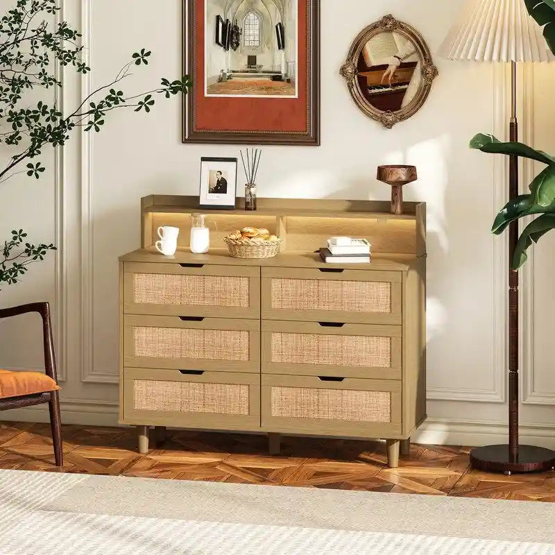 Bohemian Rattan 6-Drawer Sideboard Buffet with Adjustable LED Lights & Power Outlet