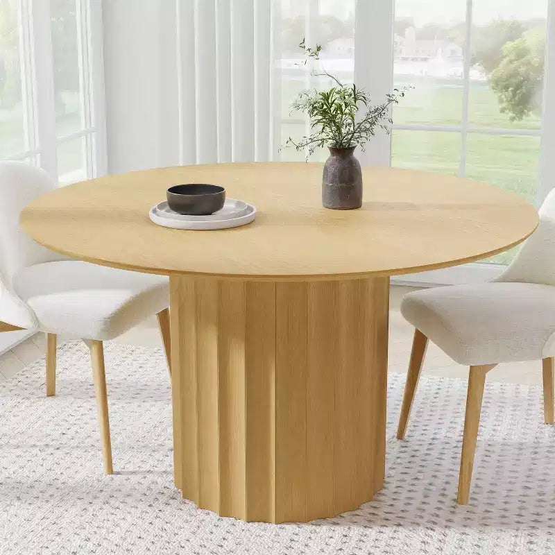 Mid-Century Round Dining Table Wood Kitchen Table for 4 People - Natural Wood