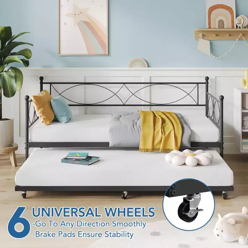 GustoWave Metal Day Bed Twin Trundle Bed Frame, with Premium Steel Slat Support