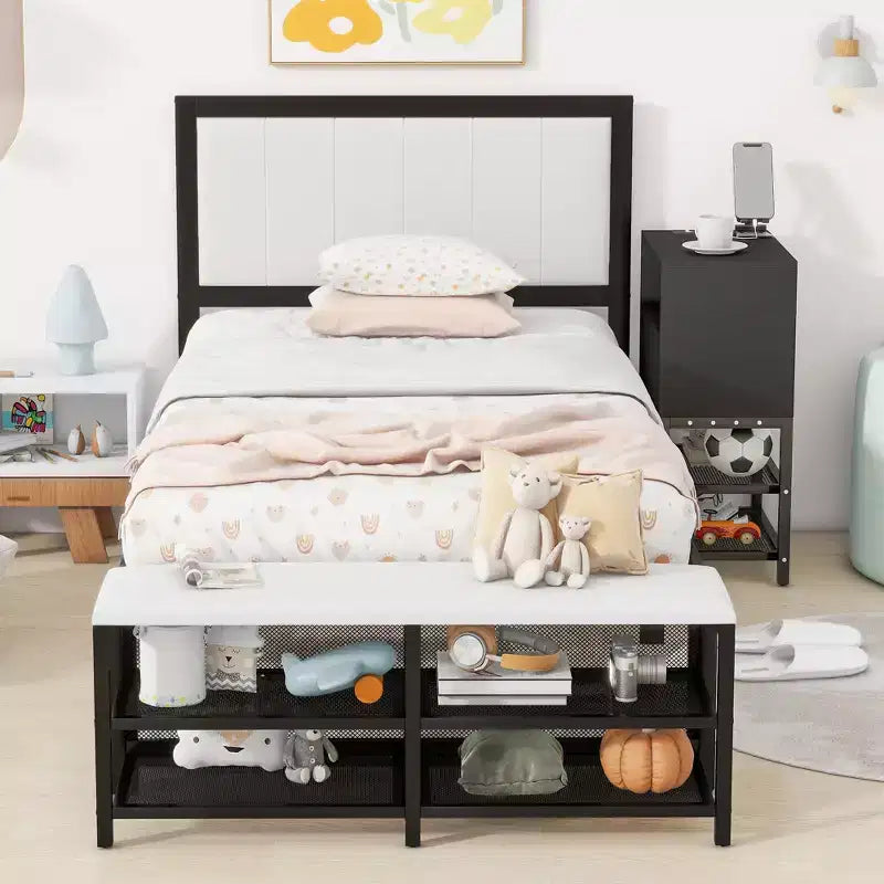 Twin Bed Frame with Two-Tier Storage Shelves for Kids, Metal Frame with Wooden Cabinet, Black