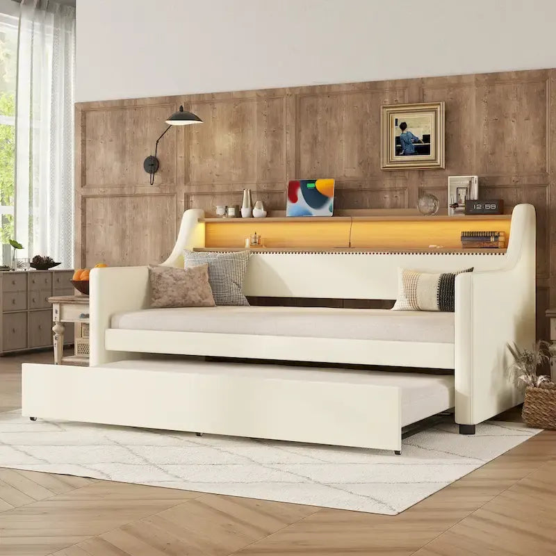 bed with Trundle, LED Lights & Charging Station