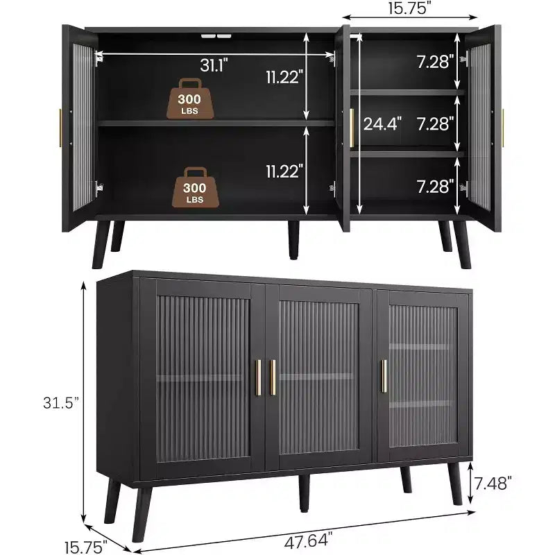 48 Kitchen Sideboard Cabinet with 3 Fluted Glass Doors Removable Shelves, Black Credenza Decorative for Living Room, Dining Room, Kitchen