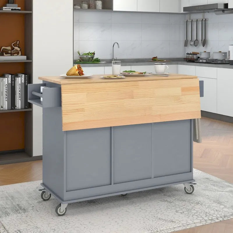 Rolling Kitchen Island with Drop Leaf Breakfast Bar Solid Wood Top 3 Drawers and Spice Rack