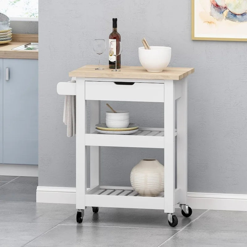 Compact Rolling Kitchen Cart with Rubberwood Top Drawer 2 Slatted Shelves and Towel Rack