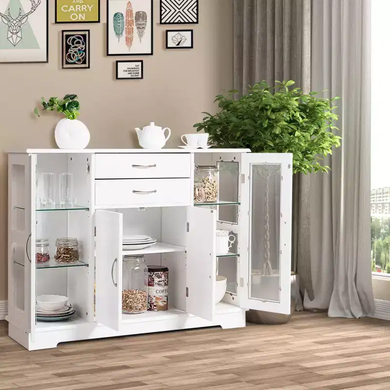 Buffet Storage Cabinet Console Cupboard with Glass Doors and Drawers for Kitchen and Dining Room