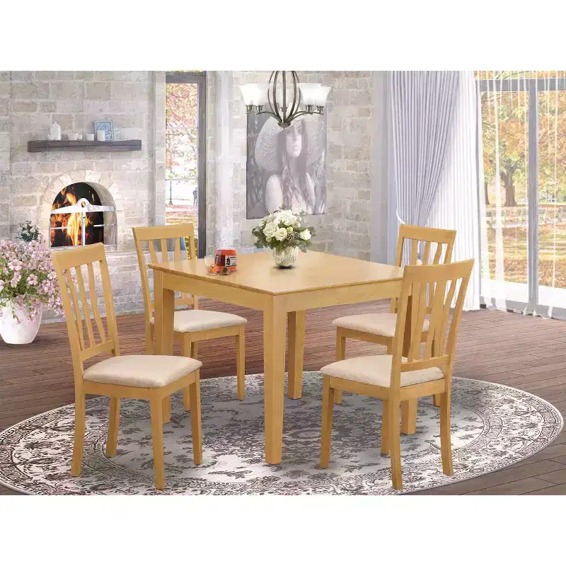 Kitchen Dining Set for 4 - 5 Piece Table & Chair Set - Linen Fabric Chairs - 36x36 Inch Oak Finish