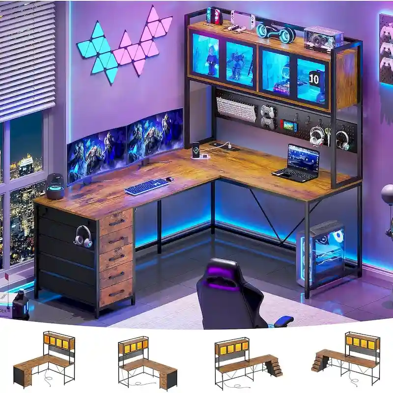 Bureau d'ordinateur en forme de L pour gamer, avec panneau perforé et étagère de rangement à 5 tiroirs.