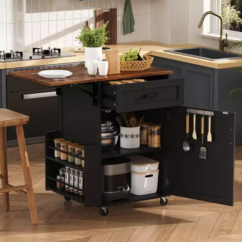 FAMYYT 39.3 Rolling Kitchen Island with Drop Leaf, Kitchen Cart with Drawer, Open Side Rack, Towel Rack and Lockable Wheels