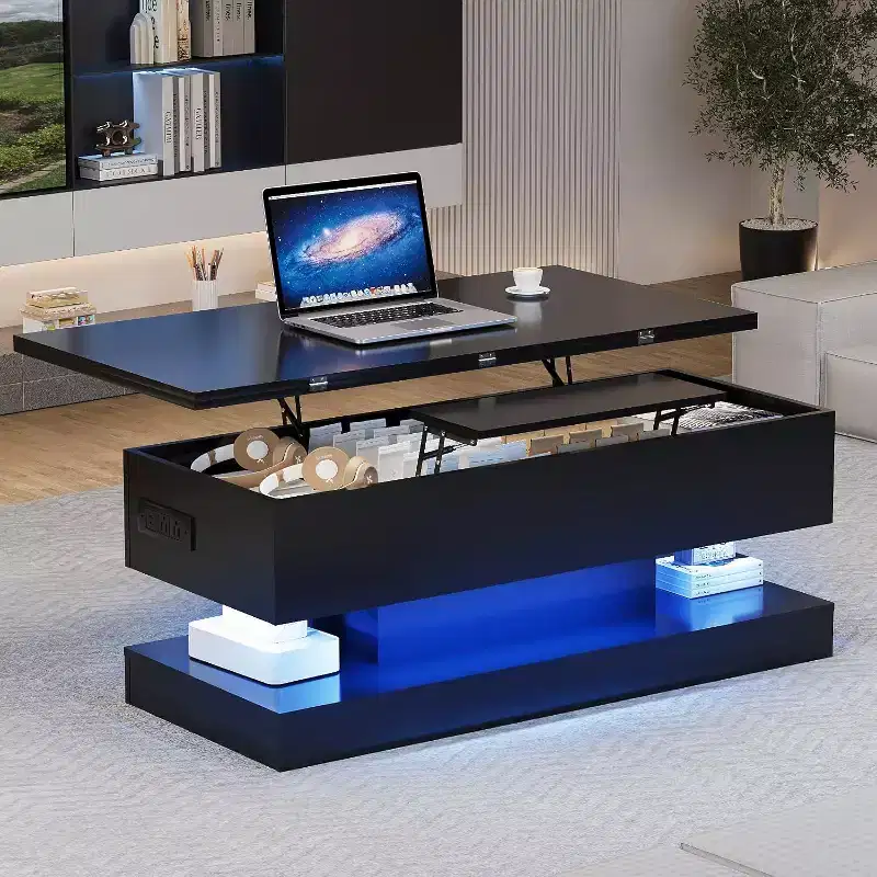 Lift Top Coffee Table with LED Lighting, High Gloss Finish, APP Controlled Storage, Adjustable & Convertible, Modern Dining Table for Living Room