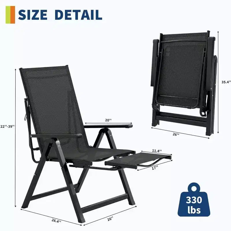 Acekool Patio Folding Chairs Set of 2, Outdoor Reclining Chairs with Armrests and Footrest, Portable Lounge for Garden, Backyard, Poolside, Balcony