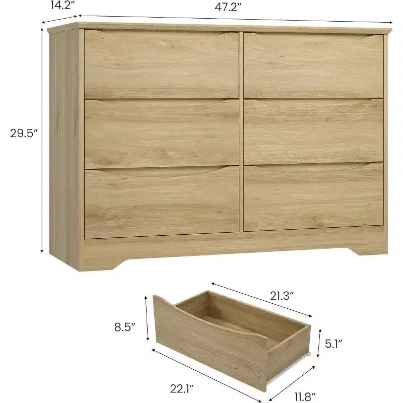 GustoWave Modern Closet, Wooden Storage Dresser with 6 Drawers for Bedroom, Living Room, Hallway, Natural