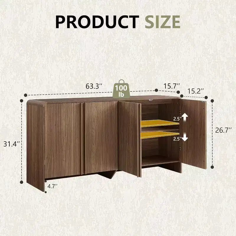 AMERLIFE Fluted Sideboard Buffet Cabinet with Storage, Modern Console with 4 Doors and Adjustable Shelves for Dining Room, Kitchen